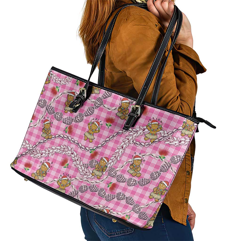 Pink Palaka Hawaii Mele Kalikimaka Leather Tote Bag Ohia Lehua Shell Leis Funny Gingerbread Santa LT14 - Polynesian Pride
