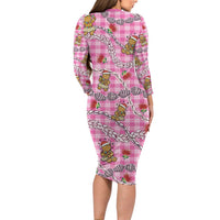 Pink Palaka Hawaii Mele Kalikimaka Long Sleeve Bodycon Dress Ohia Lehua Shell Leis Funny Gingerbread Santa LT14 - Polynesian Pride