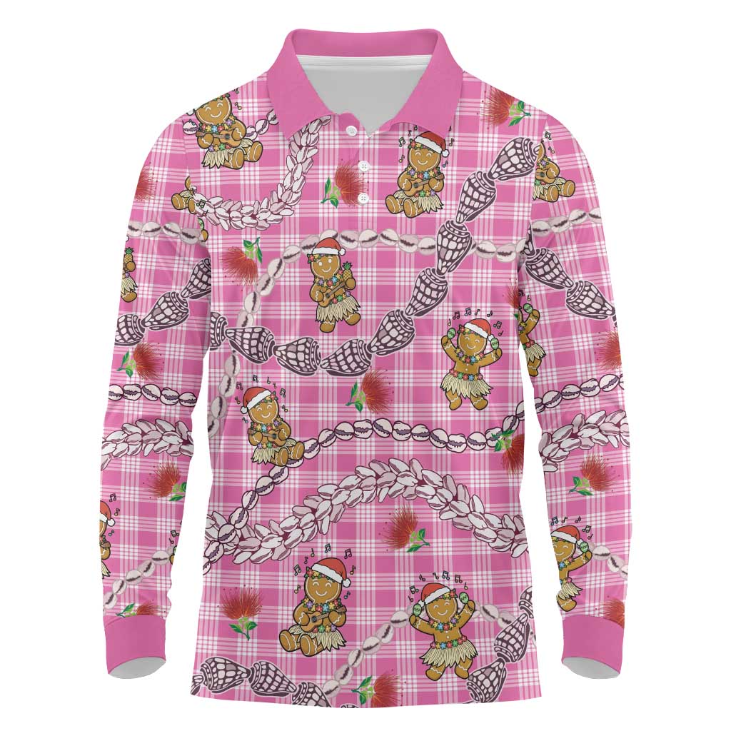 Pink Palaka Hawaii Mele Kalikimaka Long Sleeve Polo Shirt Ohia Lehua Shell Leis Funny Gingerbread Santa LT14 Pink - Polynesian Pride