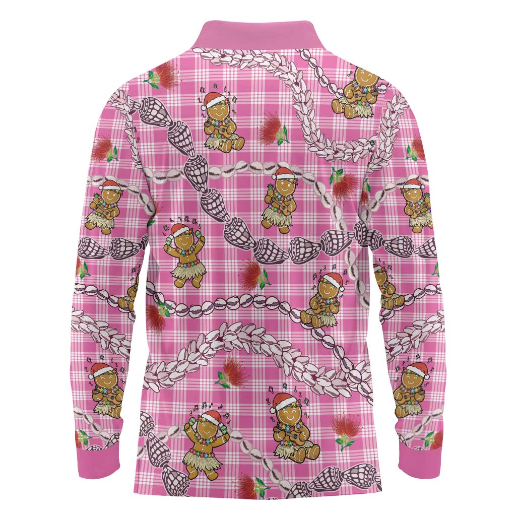 Pink Palaka Hawaii Mele Kalikimaka Long Sleeve Polo Shirt Ohia Lehua Shell Leis Funny Gingerbread Santa LT14 - Polynesian Pride