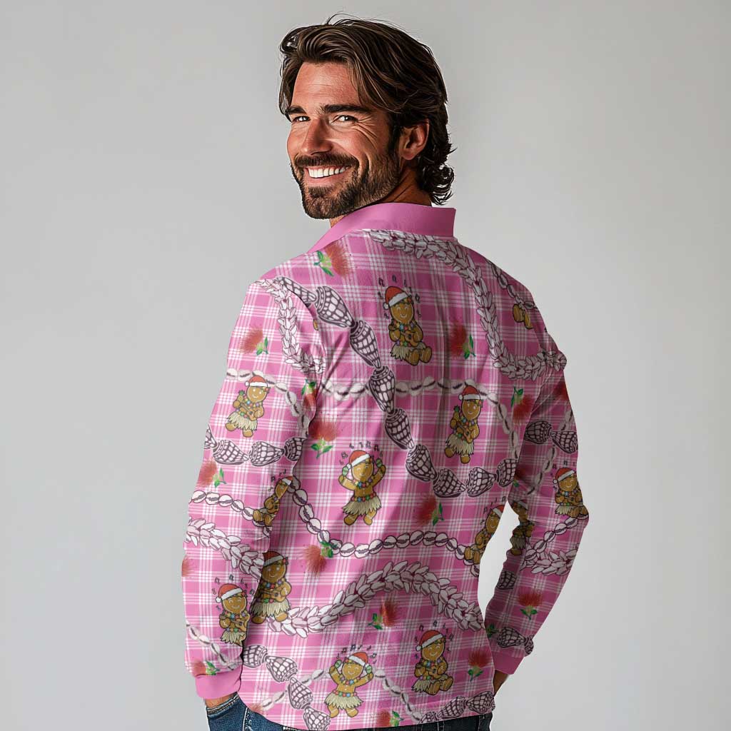 Pink Palaka Hawaii Mele Kalikimaka Long Sleeve Polo Shirt Ohia Lehua Shell Leis Funny Gingerbread Santa LT14 - Polynesian Pride