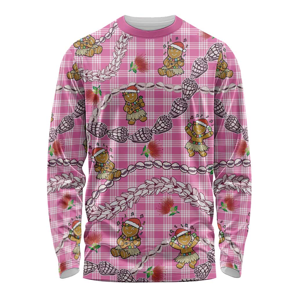 Pink Palaka Hawaii Mele Kalikimaka Long Sleeve Shirt Ohia Lehua Shell Leis Funny Gingerbread Santa LT14 Unisex Pink - Polynesian Pride
