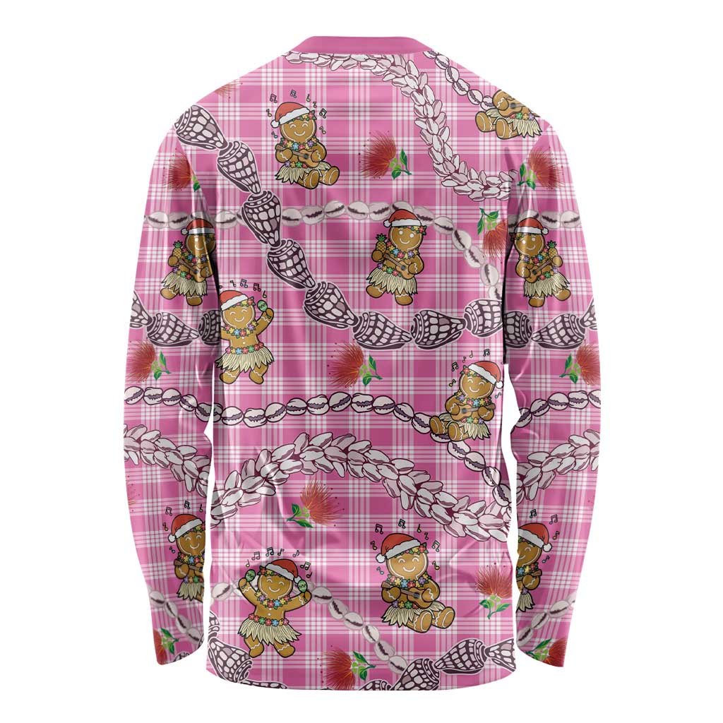 Pink Palaka Hawaii Mele Kalikimaka Long Sleeve Shirt Ohia Lehua Shell Leis Funny Gingerbread Santa LT14 - Polynesian Pride