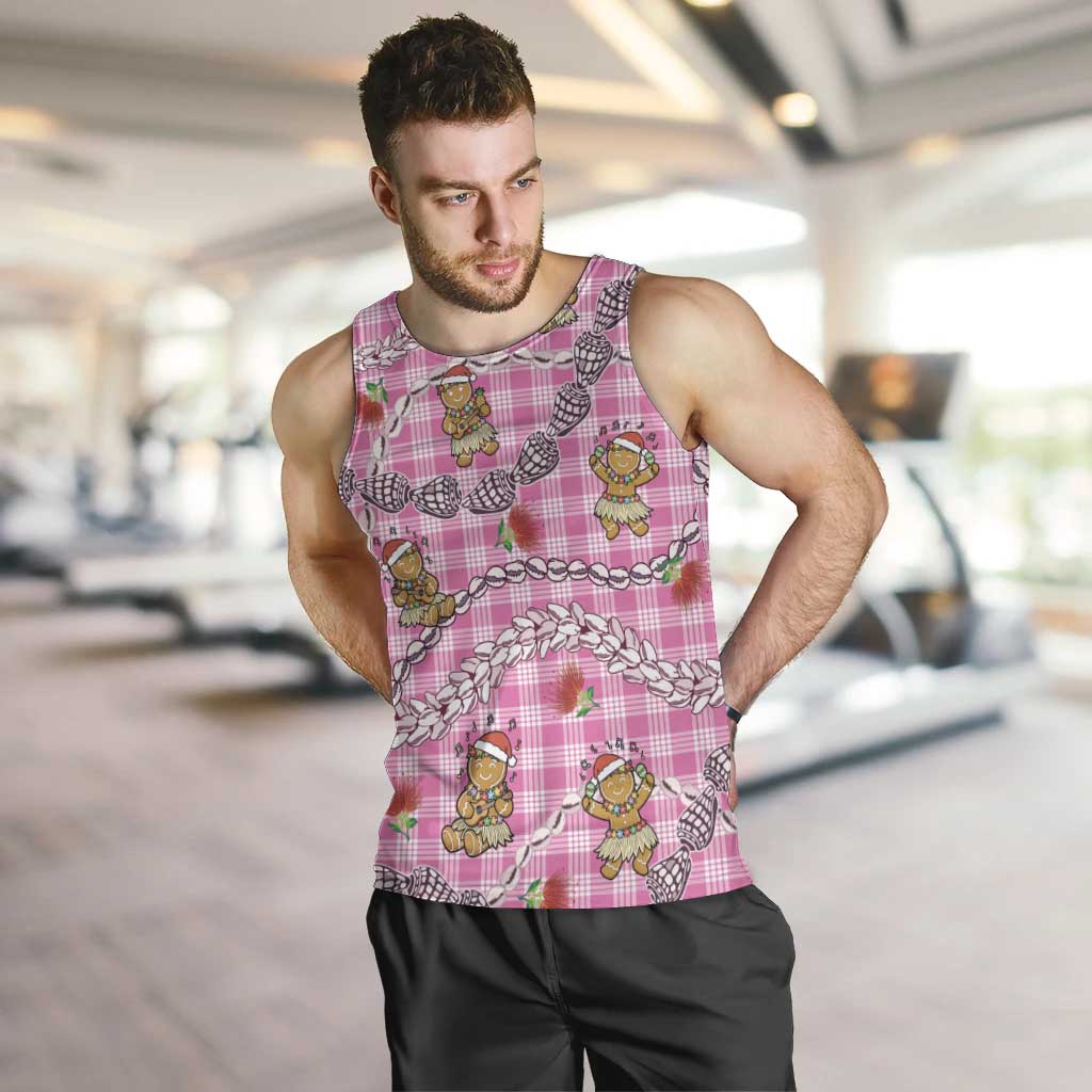 Pink Palaka Hawaii Mele Kalikimaka Men Tank Top Ohia Lehua Shell Leis Funny Gingerbread Santa - Polynesian Pride