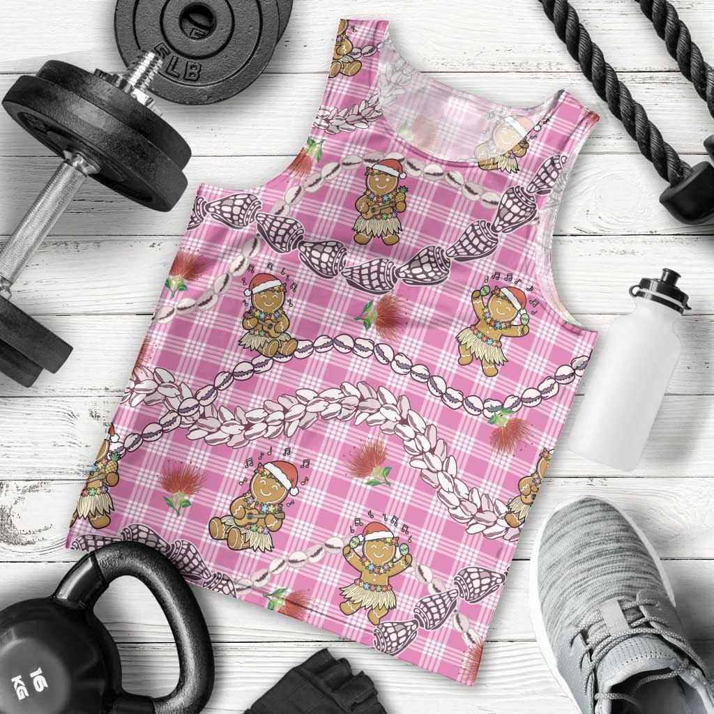 Pink Palaka Hawaii Mele Kalikimaka Men Tank Top Ohia Lehua Shell Leis Funny Gingerbread Santa - Polynesian Pride