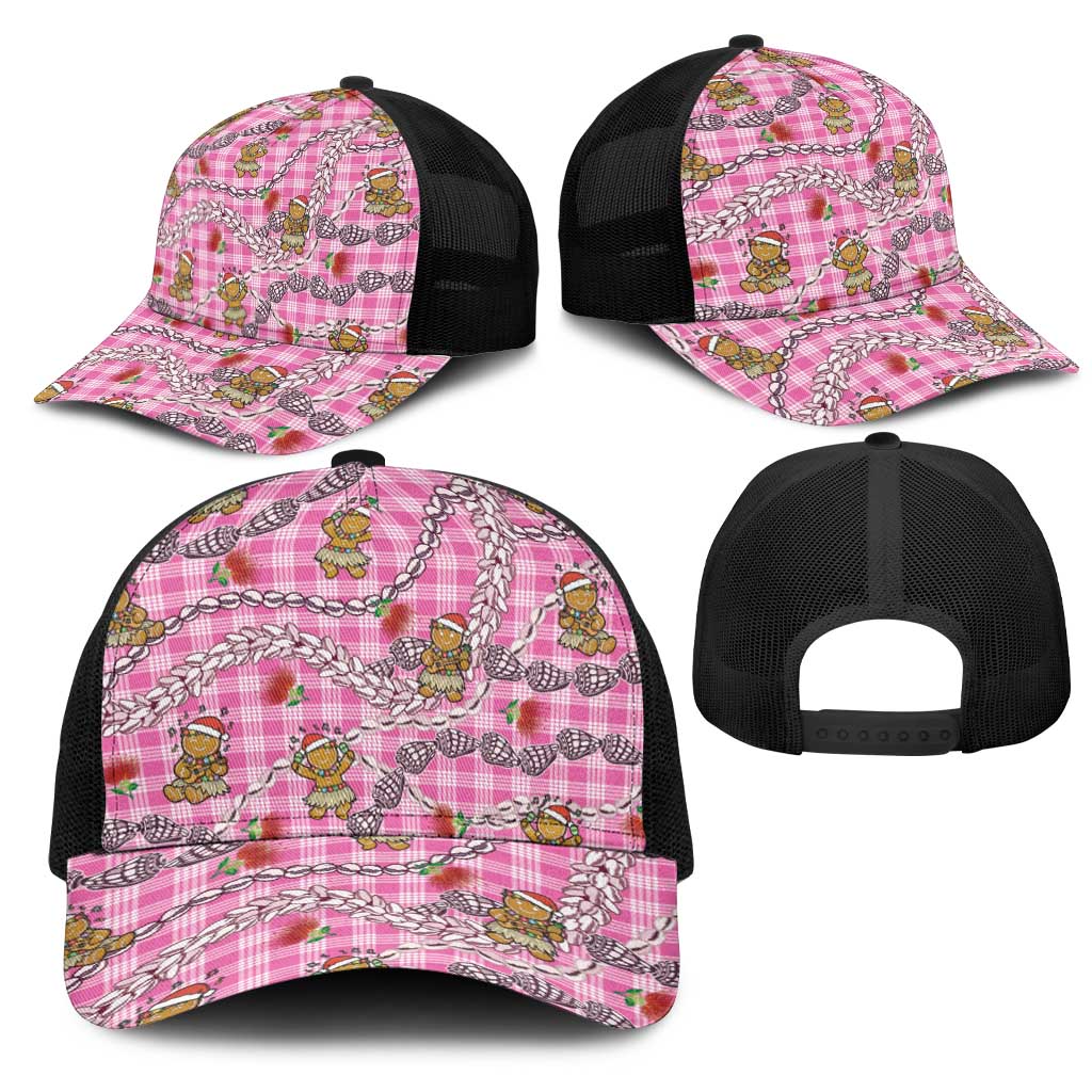 Pink Palaka Hawaii Mele Kalikimaka Mesh Trucker Cap Ohia Lehua Shell Leis Funny Gingerbread Santa - Polynesian Pride