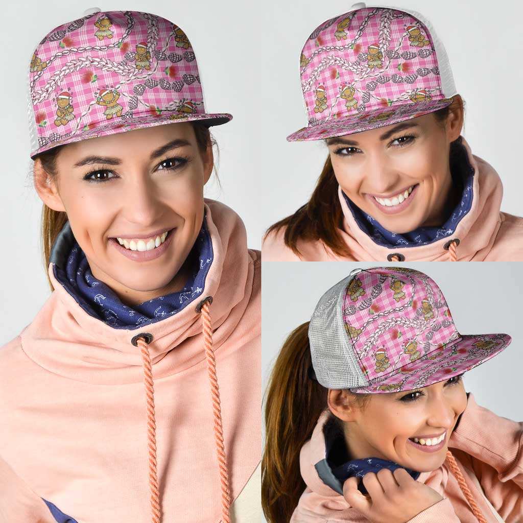 Pink Palaka Hawaii Mele Kalikimaka Mesh Trucker Cap Ohia Lehua Shell Leis Funny Gingerbread Santa - Polynesian Pride