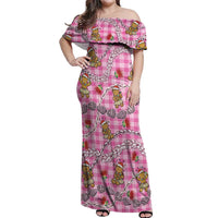 Pink Palaka Hawaii Mele Kalikimaka Off Shoulder Maxi Dress Ohia Lehua Shell Leis Funny Gingerbread Santa LT14 Women Pink - Polynesian Pride