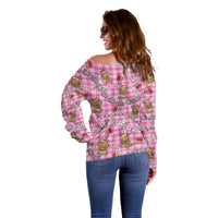 Pink Palaka Hawaii Mele Kalikimaka Off Shoulder Sweater Ohia Lehua Shell Leis Funny Gingerbread Santa - Polynesian Pride