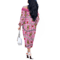 Pink Palaka Hawaii Mele Kalikimaka Off The Shoulder Long Sleeve Dress Ohia Lehua Shell Leis Funny Gingerbread Santa LT14 - Polynesian Pride