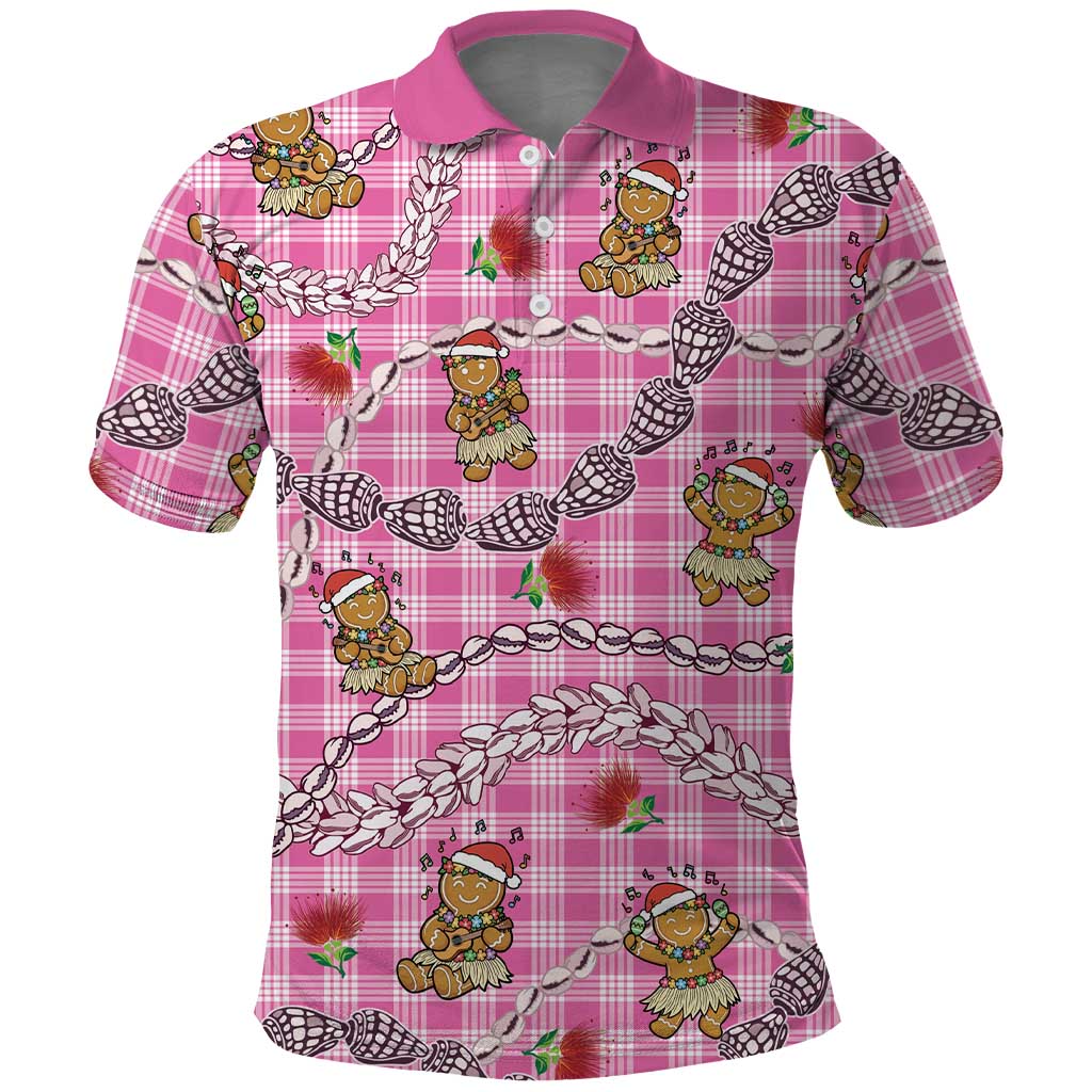 Pink Palaka Hawaii Mele Kalikimaka Polo Shirt Ohia Lehua Shell Leis Funny Gingerbread Santa LT14 Pink - Polynesian Pride