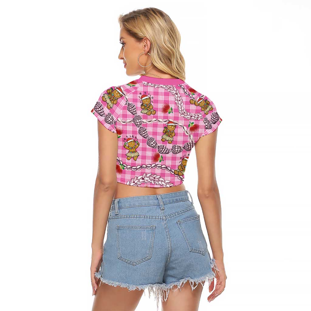Pink Palaka Hawaii Mele Kalikimaka Raglan Cropped T Shirt Ohia Lehua Shell Leis Funny Gingerbread Santa LT14 - Polynesian Pride
