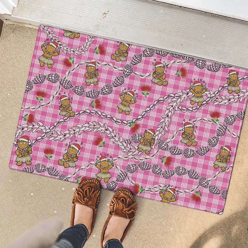 Pink Palaka Hawaii Mele Kalikimaka Rubber Doormat Ohia Lehua Shell Leis Funny Gingerbread Santa - Polynesian Pride