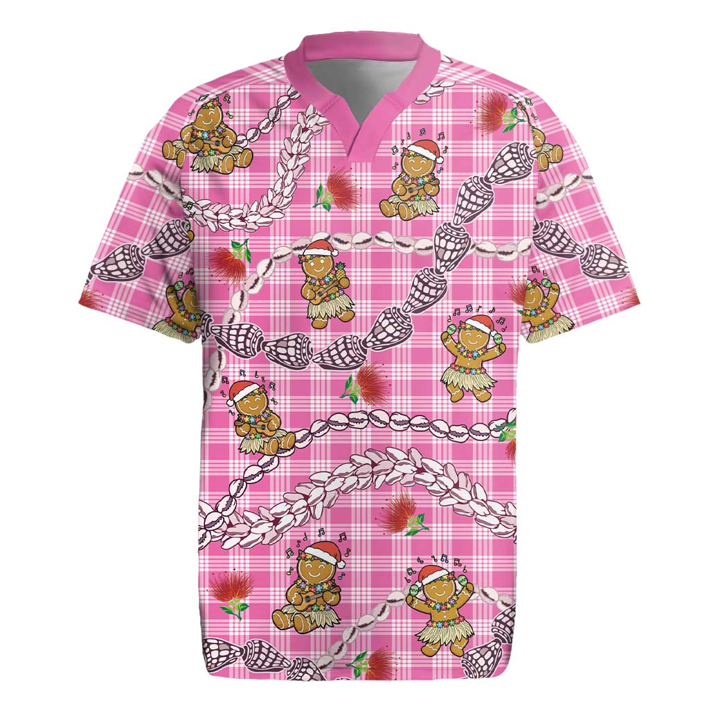 Pink Palaka Hawaii Mele Kalikimaka Rugby Jersey Ohia Lehua Shell Leis Funny Gingerbread Santa - Polynesian Pride