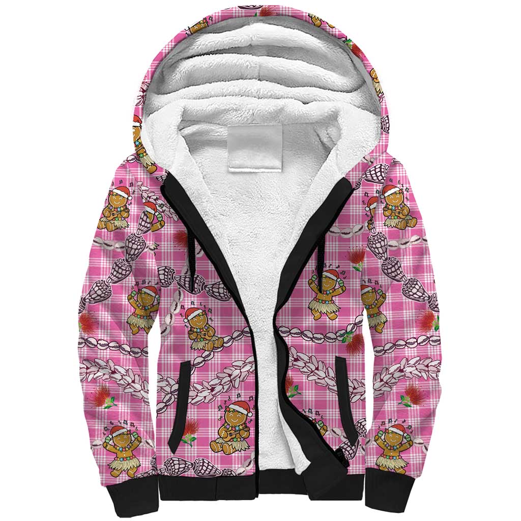 Pink Palaka Hawaii Mele Kalikimaka Sherpa Hoodie Ohia Lehua Shell Leis Funny Gingerbread Santa LT14 Unisex Pink - Polynesian Pride
