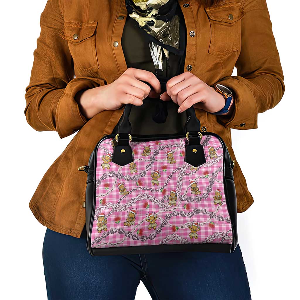 Pink Palaka Hawaii Mele Kalikimaka Shoulder Handbag Ohia Lehua Shell Leis Funny Gingerbread Santa - Polynesian Pride