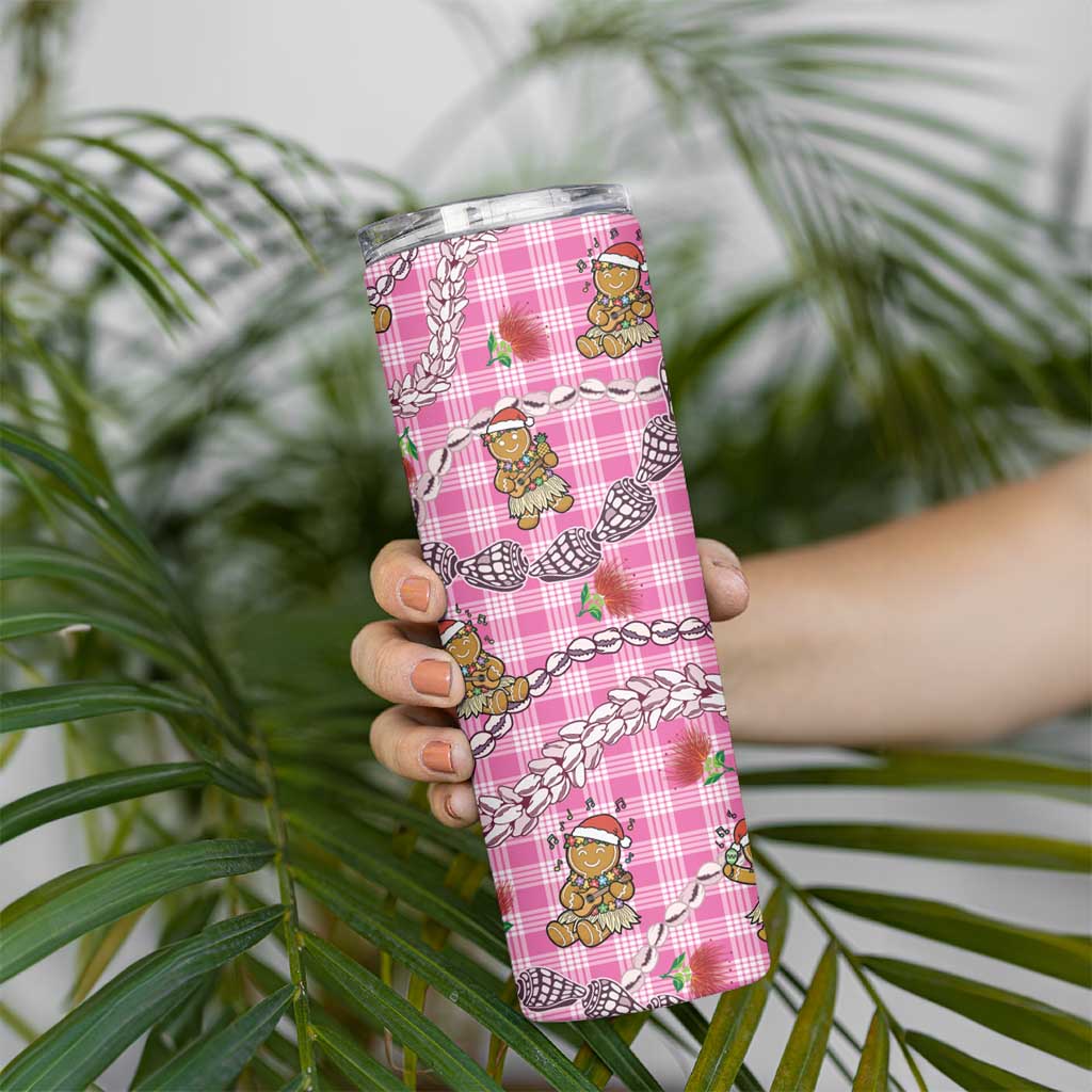 Pink Palaka Hawaii Mele Kalikimaka Skinny Tumbler Ohia Lehua Shell Leis Funny Gingerbread Santa LT14 - Polynesian Pride