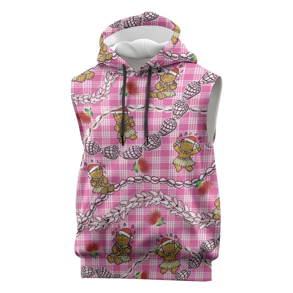 Pink Palaka Hawaii Mele Kalikimaka Sleeveless Hoodie Ohia Lehua Shell Leis Funny Gingerbread Santa LT14 Pink - Polynesian Pride