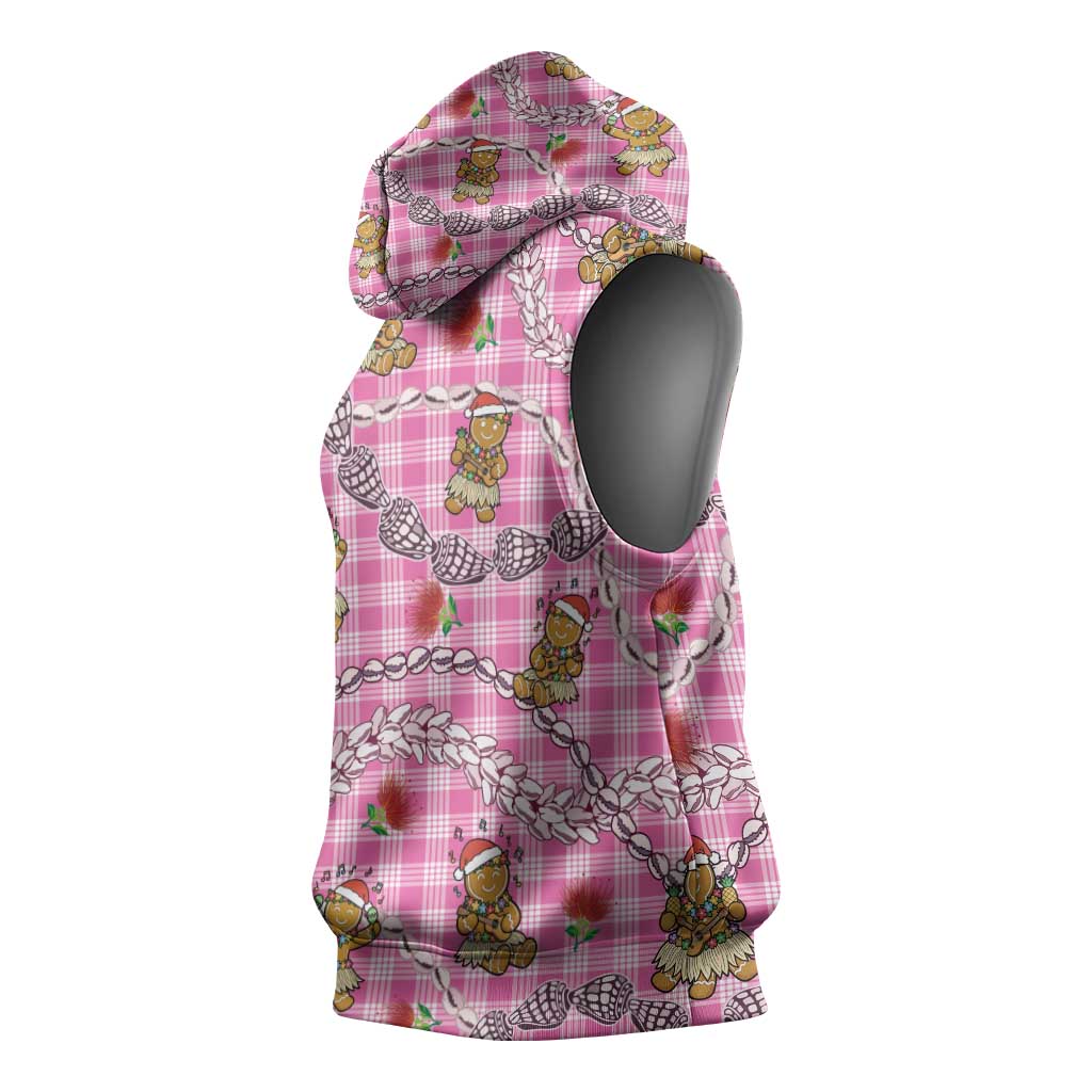 Pink Palaka Hawaii Mele Kalikimaka Sleeveless Hoodie Ohia Lehua Shell Leis Funny Gingerbread Santa LT14 - Polynesian Pride