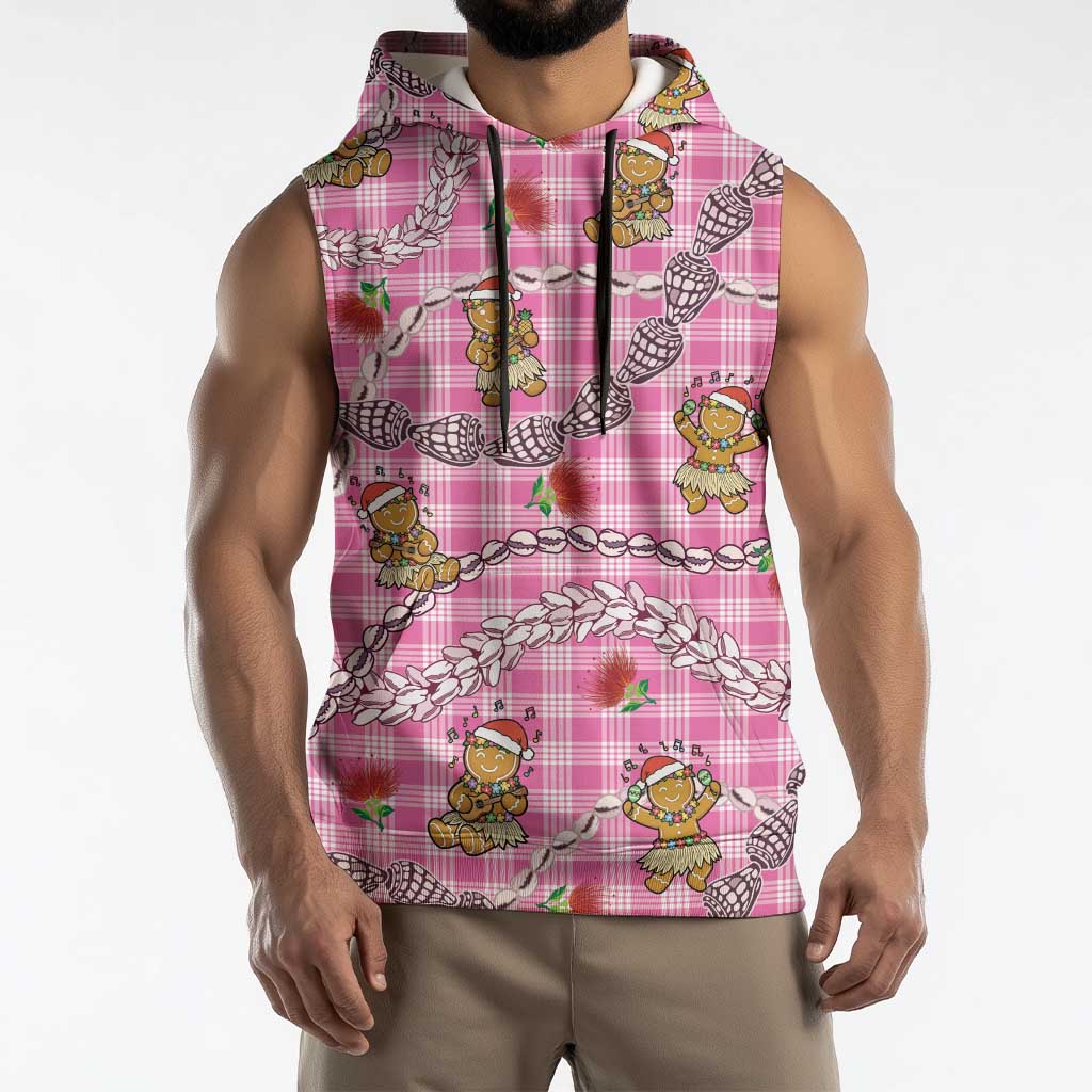 Pink Palaka Hawaii Mele Kalikimaka Sleeveless Hoodie Ohia Lehua Shell Leis Funny Gingerbread Santa LT14 - Polynesian Pride