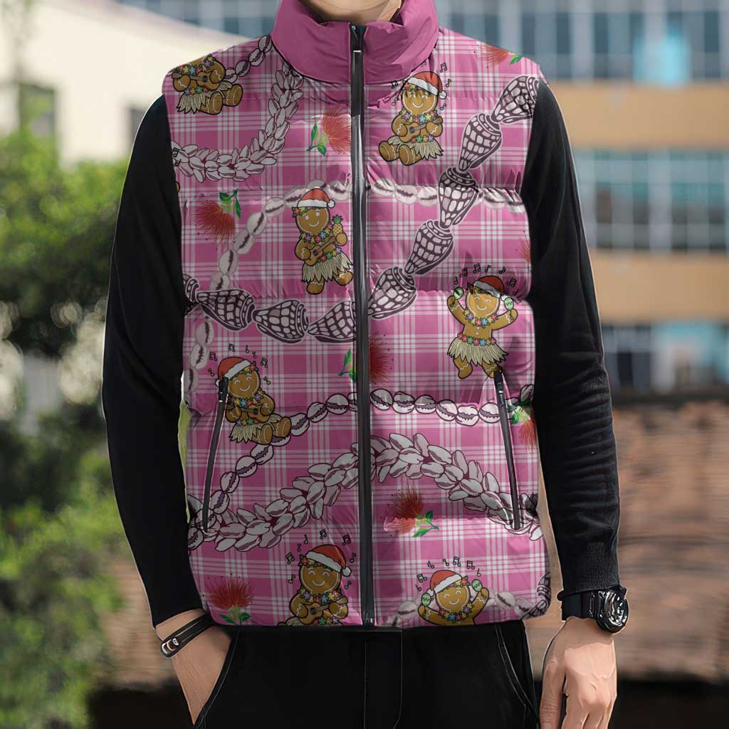 Pink Palaka Hawaii Mele Kalikimaka Sleeveless Puffer Jacket Ohia Lehua Shell Leis Funny Gingerbread Santa - Polynesian Pride