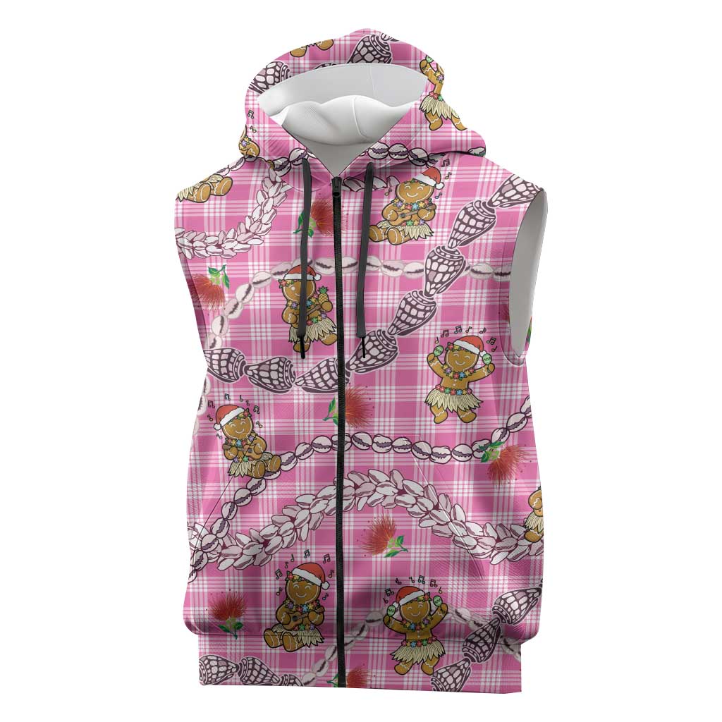 Pink Palaka Hawaii Mele Kalikimaka Sleeveless Zip Hoodie Ohia Lehua Shell Leis Funny Gingerbread Santa LT14 Pink - Polynesian Pride