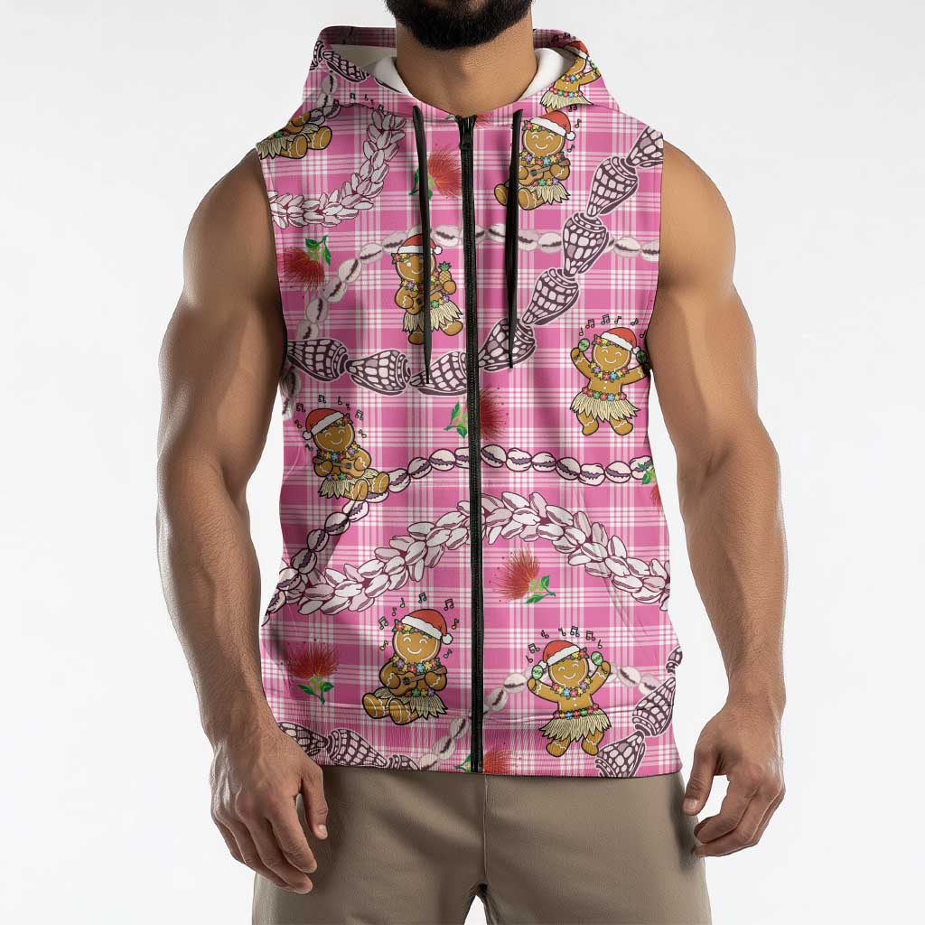 Pink Palaka Hawaii Mele Kalikimaka Sleeveless Zip Hoodie Ohia Lehua Shell Leis Funny Gingerbread Santa LT14 - Polynesian Pride
