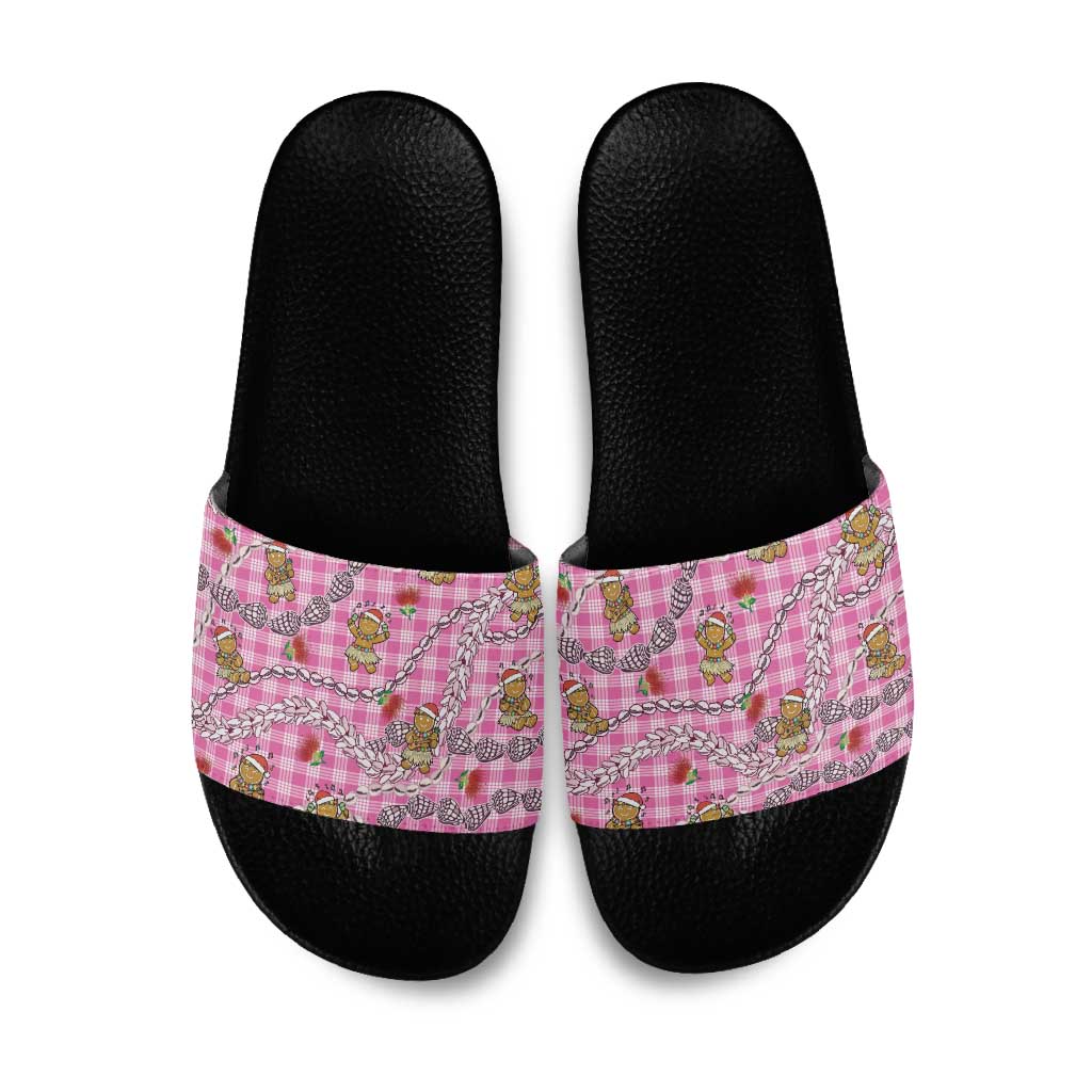Pink Palaka Hawaii Mele Kalikimaka Slide Sandals Ohia Lehua Shell Leis Funny Gingerbread Santa - Polynesian Pride