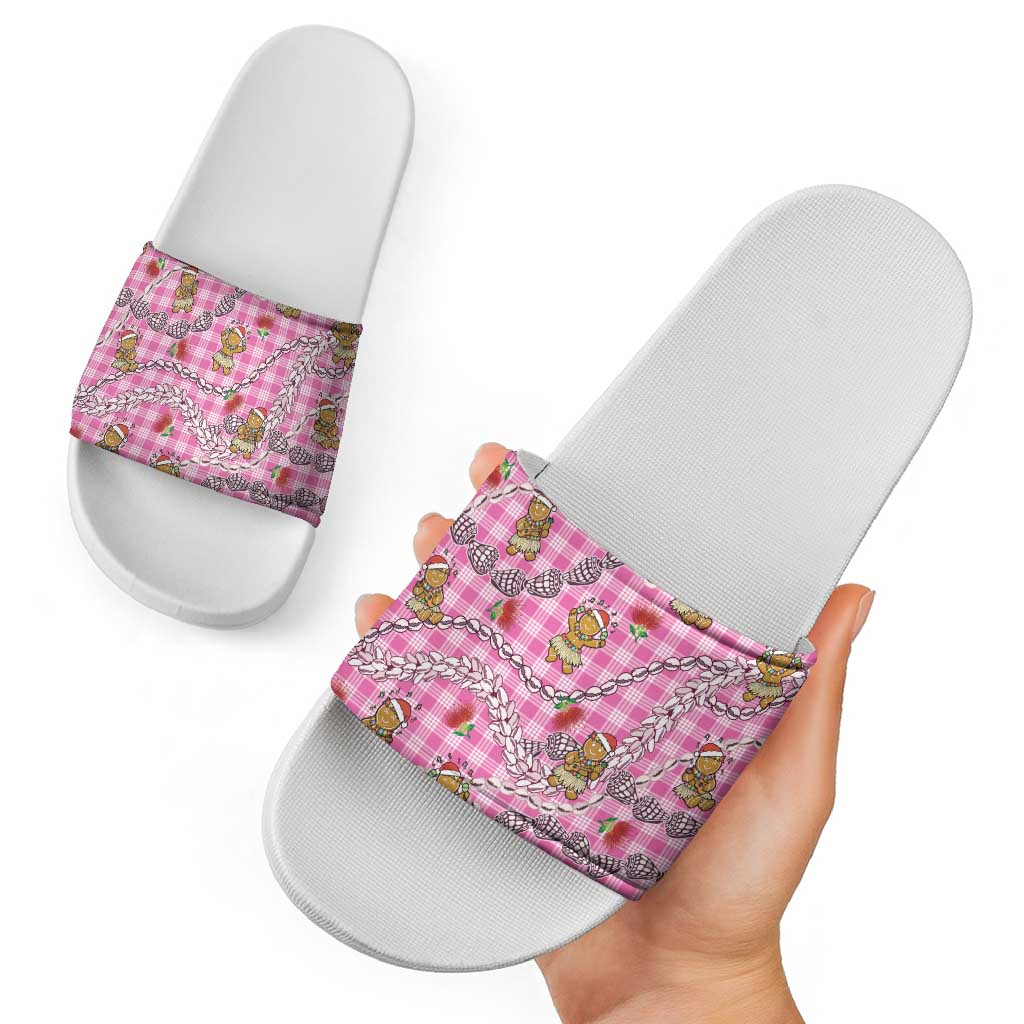 Pink Palaka Hawaii Mele Kalikimaka Slide Sandals Ohia Lehua Shell Leis Funny Gingerbread Santa - Polynesian Pride