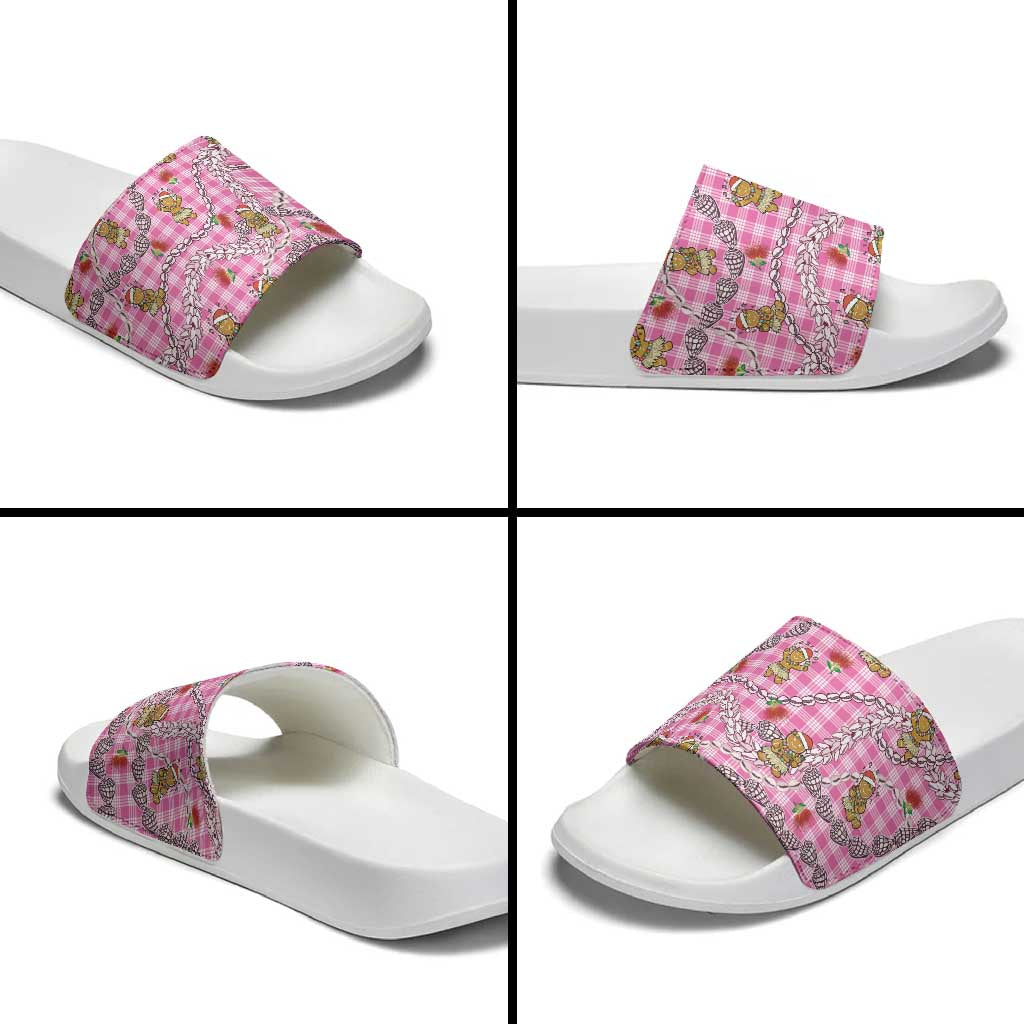 Pink Palaka Hawaii Mele Kalikimaka Slide Sandals Ohia Lehua Shell Leis Funny Gingerbread Santa - Polynesian Pride