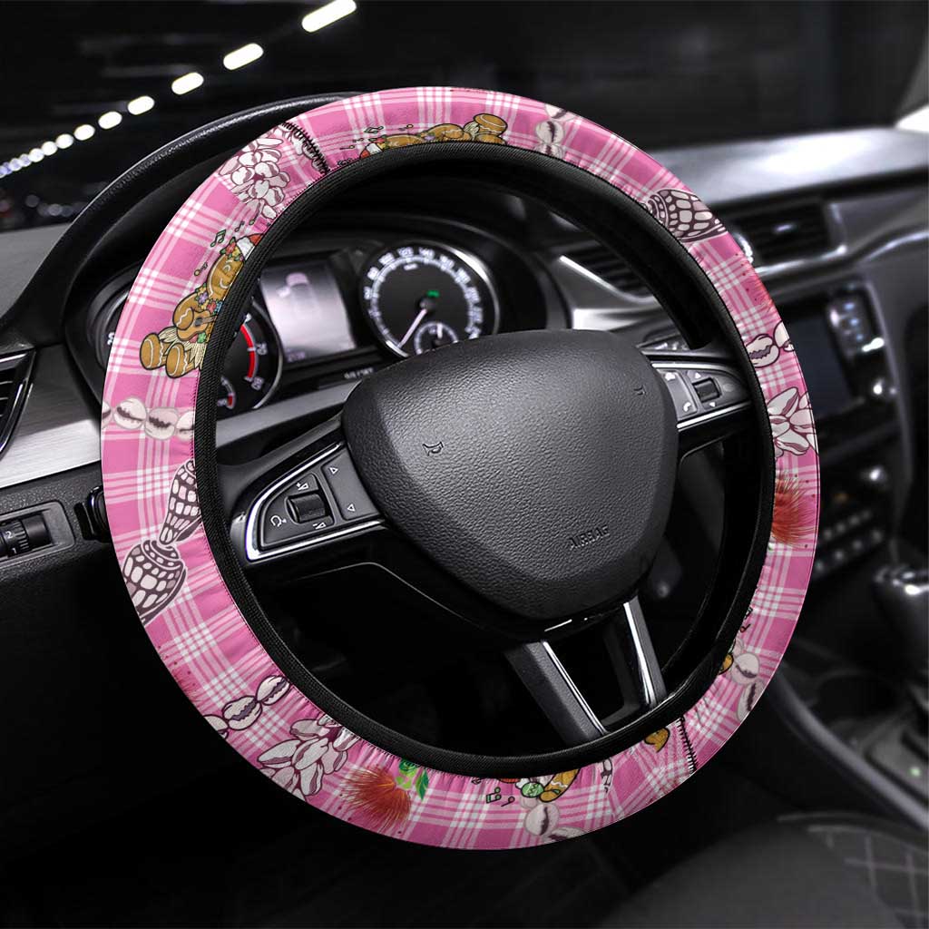 Pink Palaka Hawaii Mele Kalikimaka Steering Wheel Cover Ohia Lehua Shell Leis Funny Gingerbread Santa LT14 Universal Fit Pink - Polynesian Pride