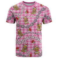 Pink Palaka Hawaii Mele Kalikimaka T Shirt Ohia Lehua Shell Leis Funny Gingerbread Santa LT14 Pink - Polynesian Pride