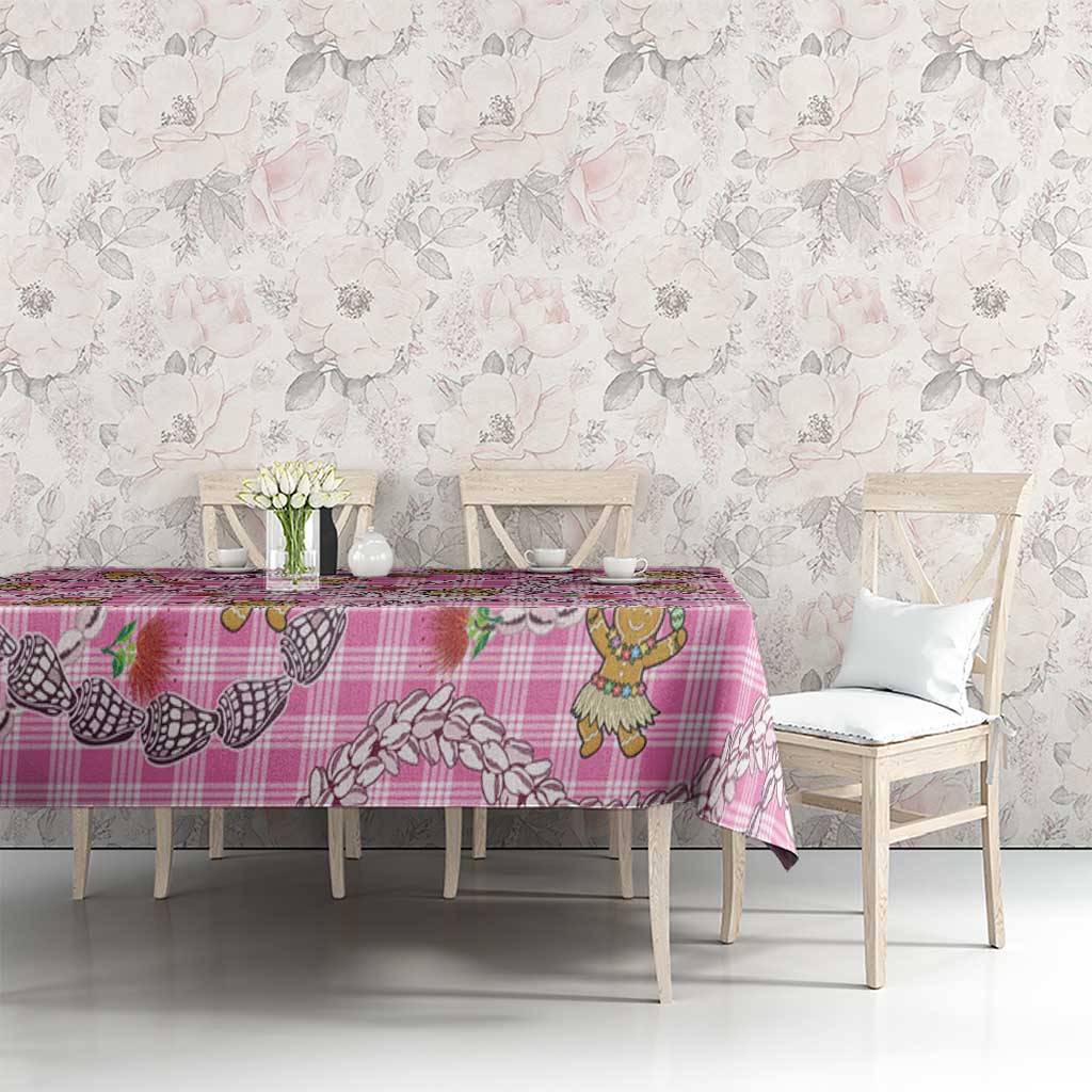 Pink Palaka Hawaii Mele Kalikimaka Tablecloth Ohia Lehua Shell Leis Funny Gingerbread Santa - Polynesian Pride
