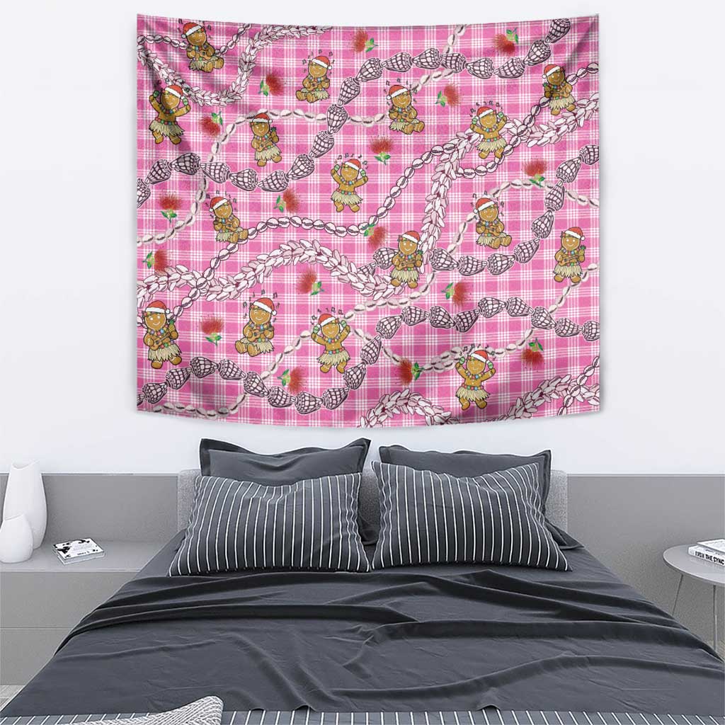 Pink Palaka Hawaii Mele Kalikimaka Tapestry Ohia Lehua Shell Leis Funny Gingerbread Santa - Polynesian Pride