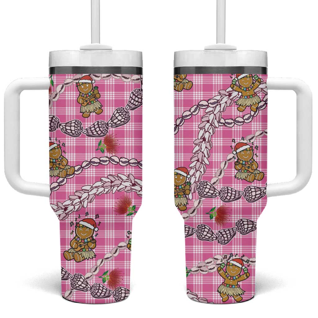 Pink Palaka Hawaii Mele Kalikimaka Tumbler With Handle Ohia Lehua Shell Leis Funny Gingerbread Santa LT14 One Size: 40 oz Pink - Polynesian Pride