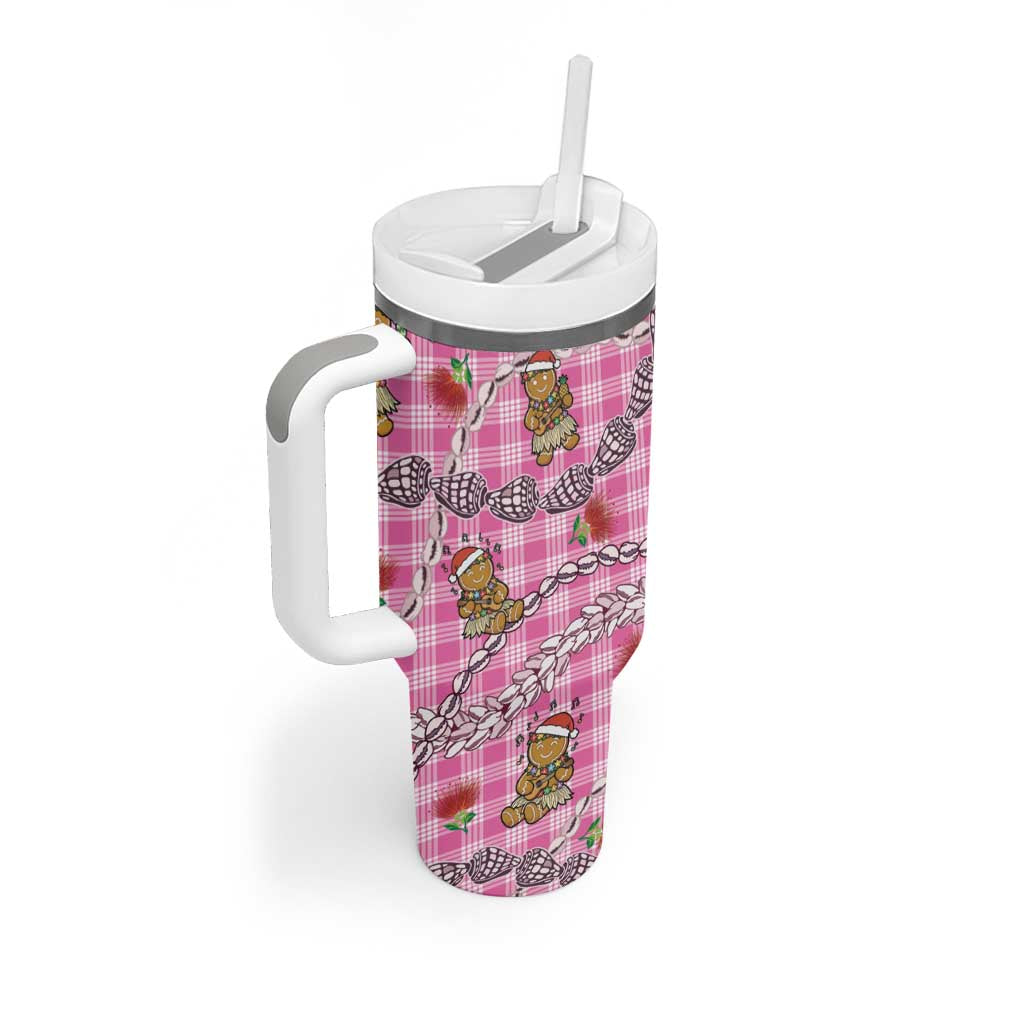 Pink Palaka Hawaii Mele Kalikimaka Tumbler With Handle Ohia Lehua Shell Leis Funny Gingerbread Santa LT14 - Polynesian Pride
