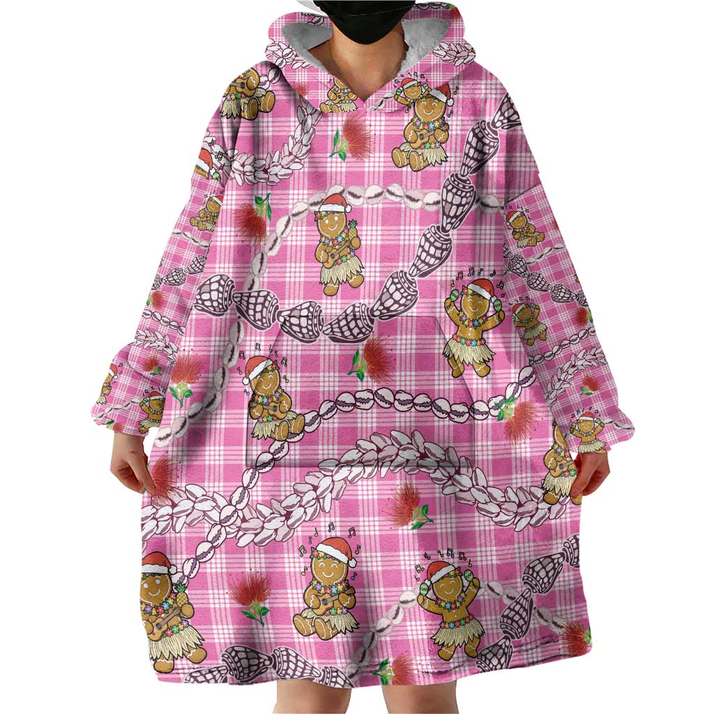 Pink Palaka Hawaii Mele Kalikimaka Wearable Blanket Hoodie Ohia Lehua Shell Leis Funny Gingerbread Santa LT14 - Polynesian Pride