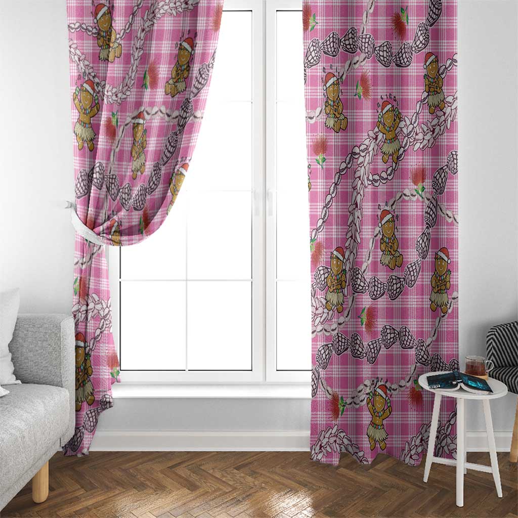 Pink Palaka Hawaii Mele Kalikimaka Window Curtain Ohia Lehua Shell Leis Funny Gingerbread Santa - Polynesian Pride
