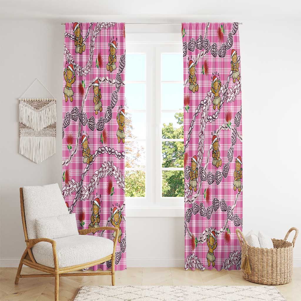 Pink Palaka Hawaii Mele Kalikimaka Window Curtain Ohia Lehua Shell Leis Funny Gingerbread Santa - Polynesian Pride