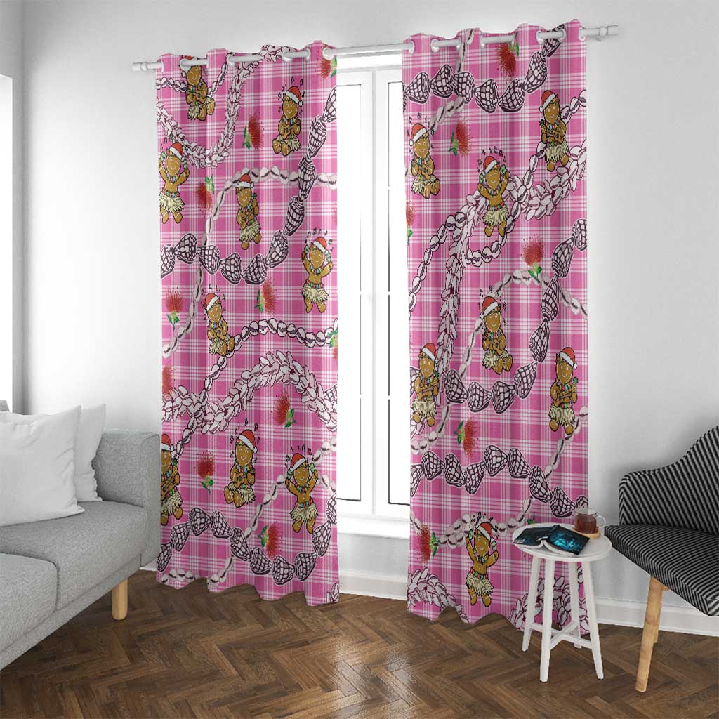 Pink Palaka Hawaii Mele Kalikimaka Window Curtain Ohia Lehua Shell Leis Funny Gingerbread Santa - Polynesian Pride