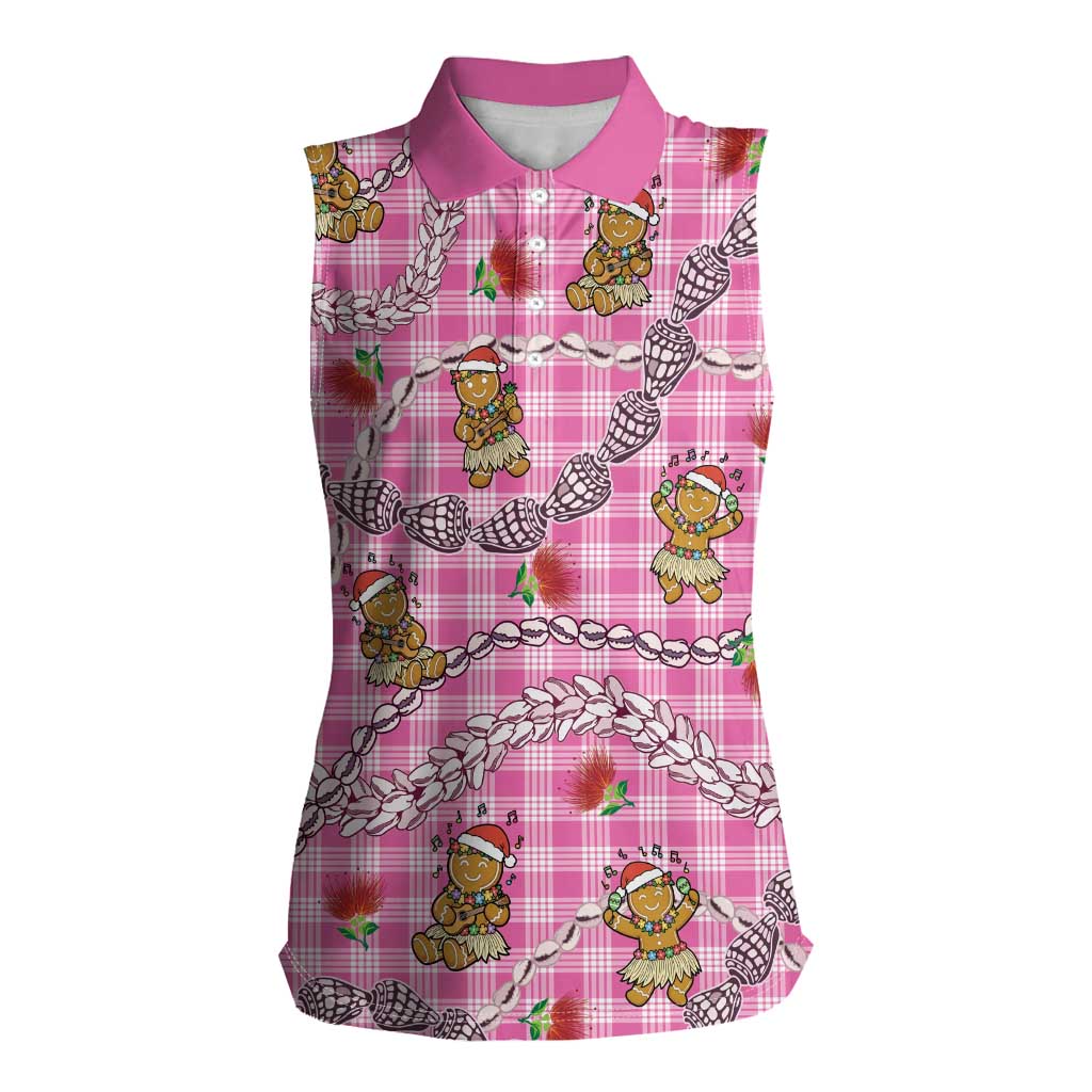 Pink Palaka Hawaii Mele Kalikimaka Women Sleeveless Polo Shirt Ohia Lehua Shell Leis Funny Gingerbread Santa - Polynesian Pride
