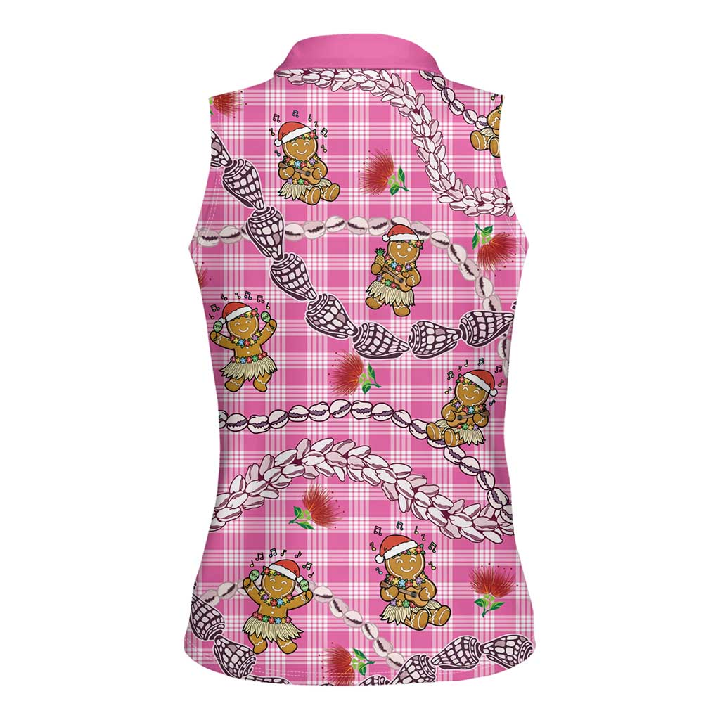 Pink Palaka Hawaii Mele Kalikimaka Women Sleeveless Polo Shirt Ohia Lehua Shell Leis Funny Gingerbread Santa LT14 - Polynesian Pride