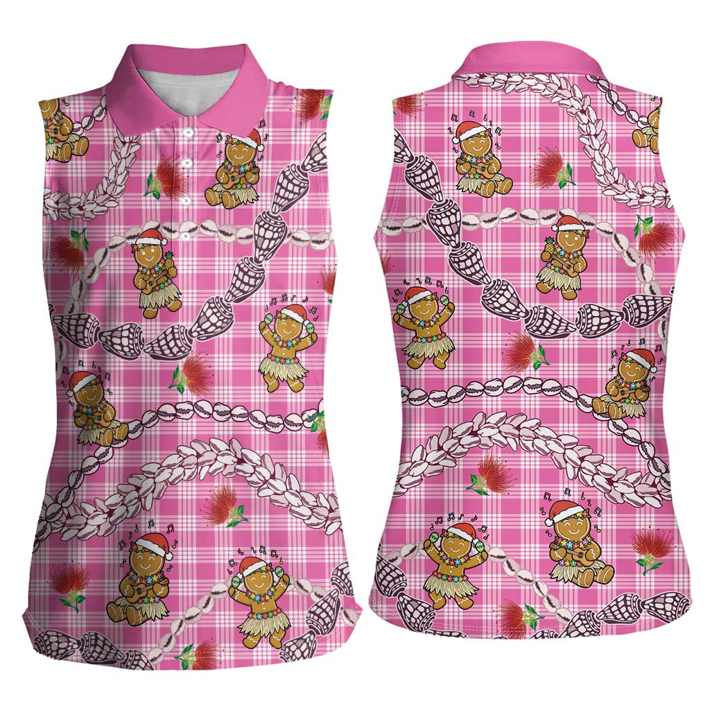 Pink Palaka Hawaii Mele Kalikimaka Women Sleeveless Polo Shirt Ohia Lehua Shell Leis Funny Gingerbread Santa LT14 - Polynesian Pride