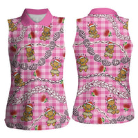 Pink Palaka Hawaii Mele Kalikimaka Women Sleeveless Polo Shirt Ohia Lehua Shell Leis Funny Gingerbread Santa LT14 - Polynesian Pride