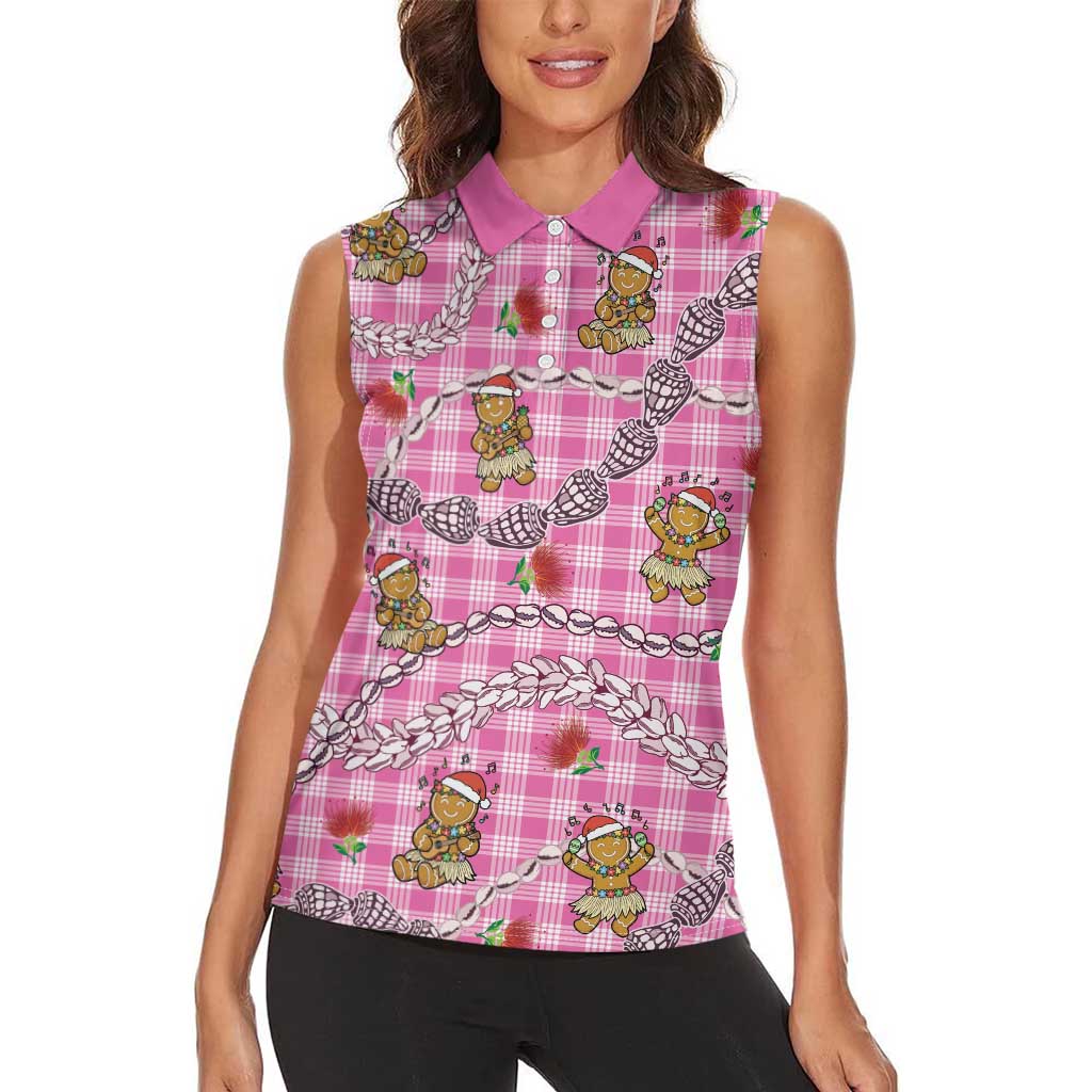 Pink Palaka Hawaii Mele Kalikimaka Women Sleeveless Polo Shirt Ohia Lehua Shell Leis Funny Gingerbread Santa LT14 - Polynesian Pride