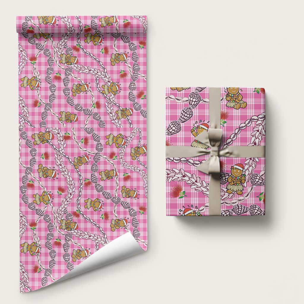 Pink Palaka Hawaii Mele Kalikimaka Wrapping Paper Ohia Lehua Shell Leis Funny Gingerbread Santa - Polynesian Pride