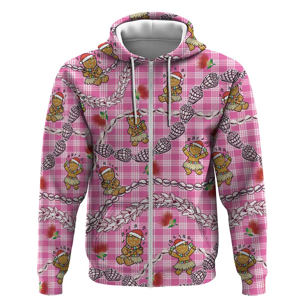 Pink Palaka Hawaii Mele Kalikimaka Zip Hoodie Ohia Lehua Shell Leis Funny Gingerbread Santa LT14 Zip Hoodie Pink - Polynesian Pride