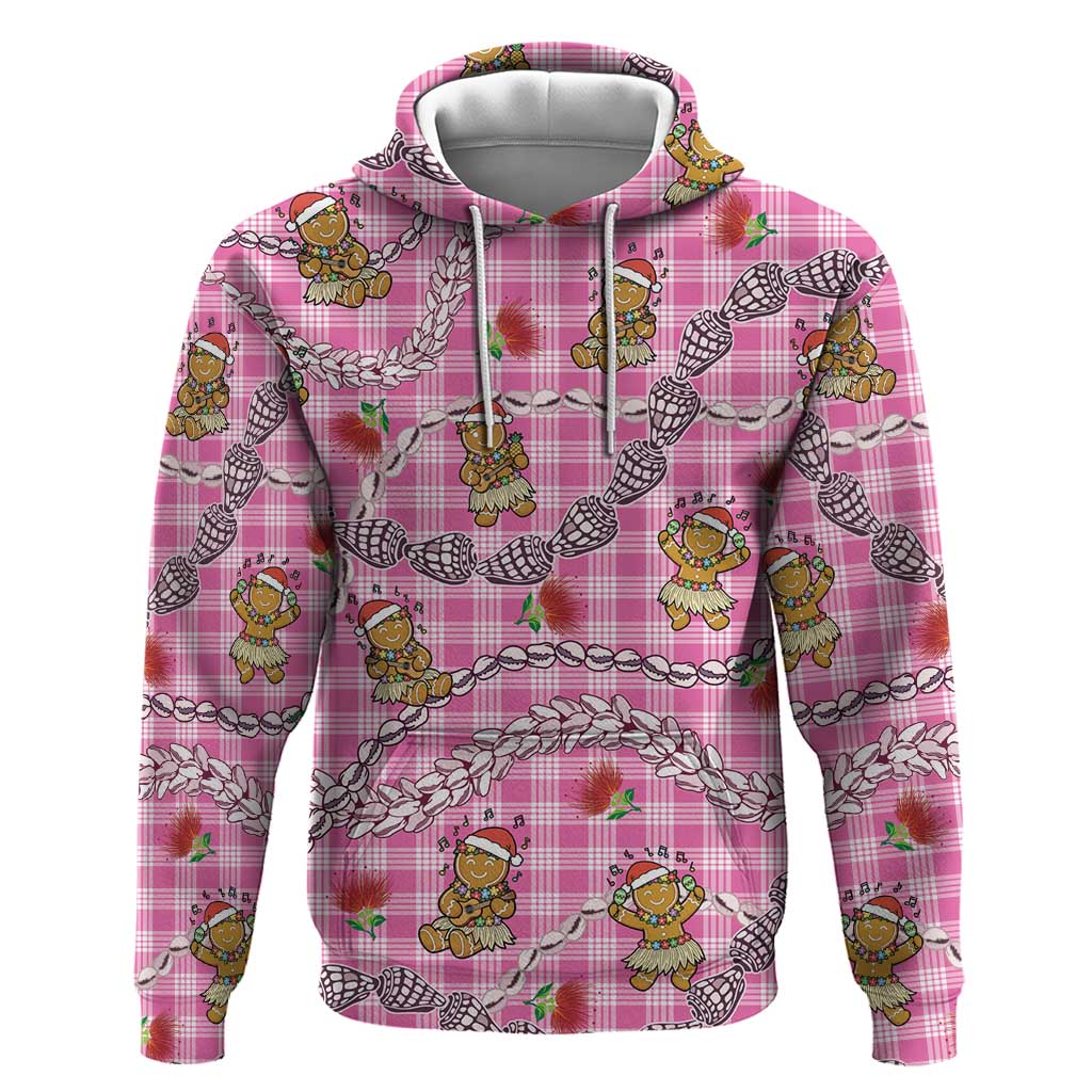 Pink Palaka Hawaii Mele Kalikimaka Zip Hoodie Ohia Lehua Shell Leis Funny Gingerbread Santa LT14 Pullover Hoodie Pink - Polynesian Pride