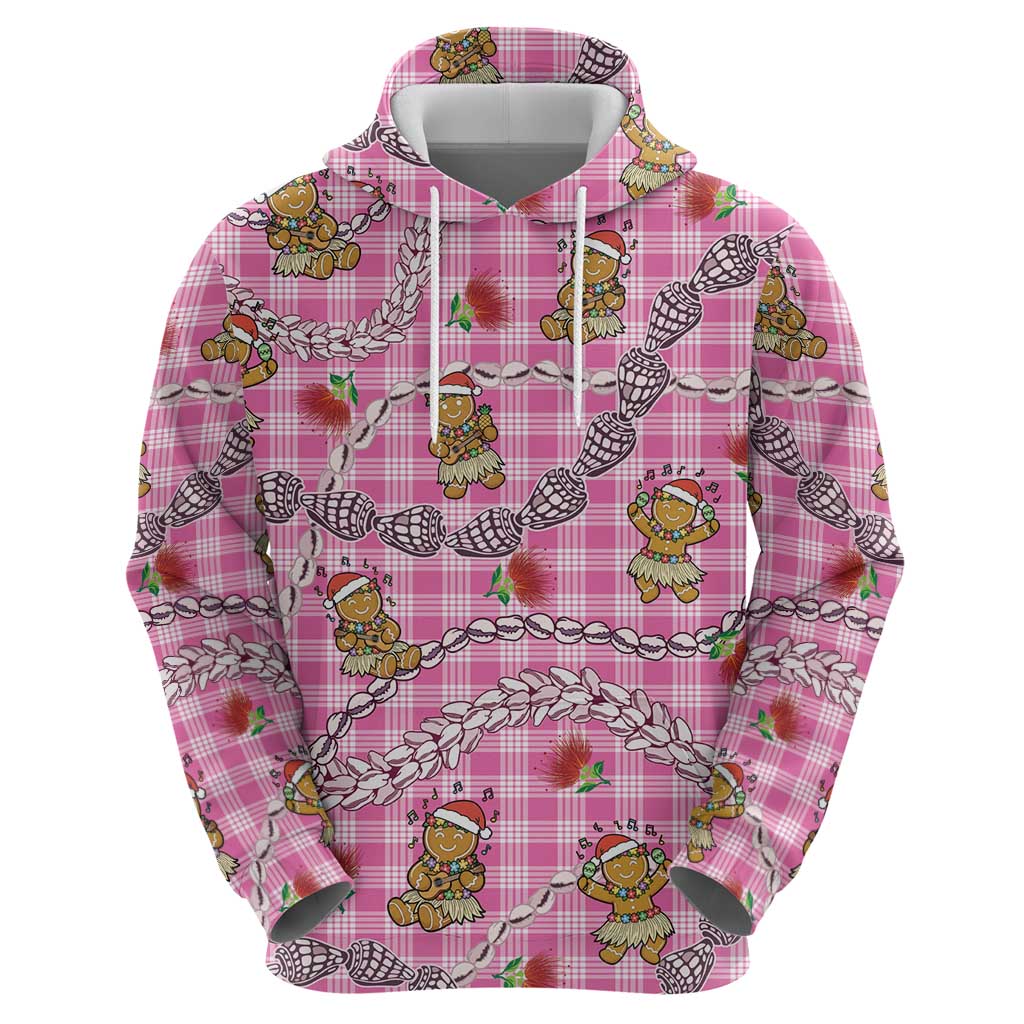Pink Palaka Hawaii Mele Kalikimaka Zip Hoodie Ohia Lehua Shell Leis Funny Gingerbread Santa LT14 - Polynesian Pride