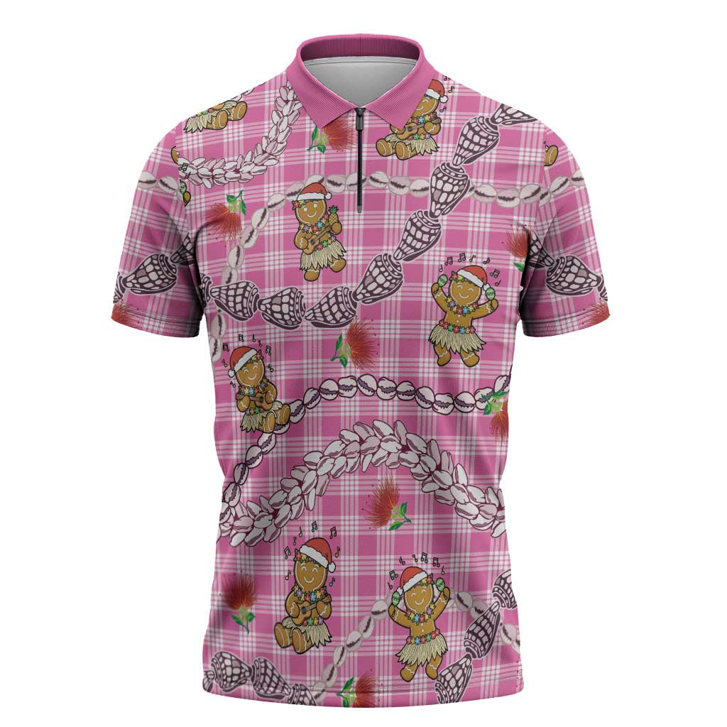 Pink Palaka Hawaii Mele Kalikimaka Zipper Polo Shirt Ohia Lehua Shell Leis Funny Gingerbread Santa LT14 Pink - Polynesian Pride
